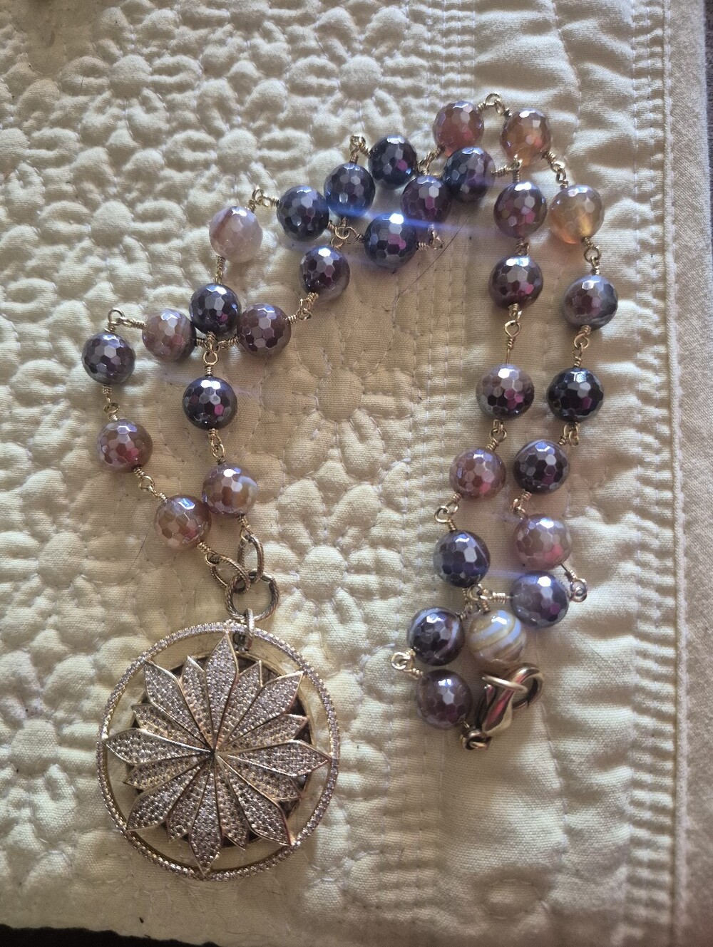 Gold-Tone Pendant Necklace with Faceted Purple Beads